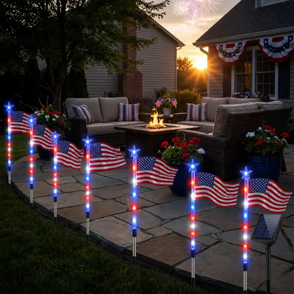 8 Solar American Flag Pathway Lights – Red. White & Blue Yard Glow for 250th Anniversary