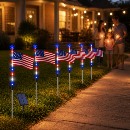 8 Solar American Flag Pathway Lights – Red. White & Blue Yard Glow for 250th Anniversary