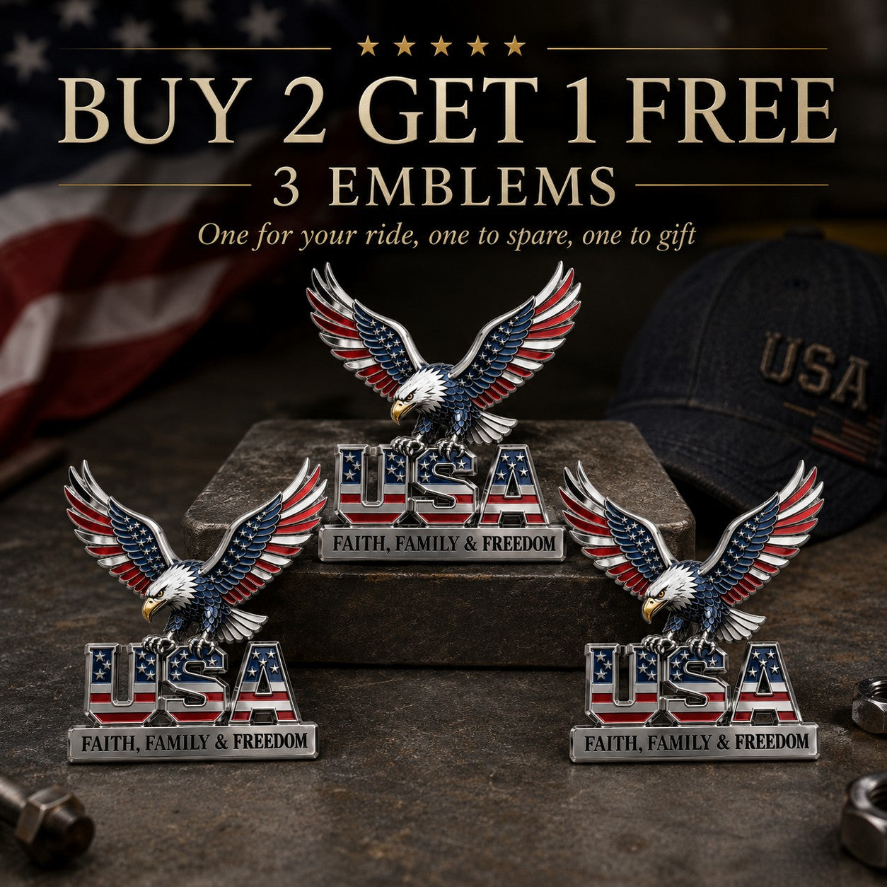 🇺🇸250th Anniversary - USA Faith. Family & Freedom. Metal Emblem