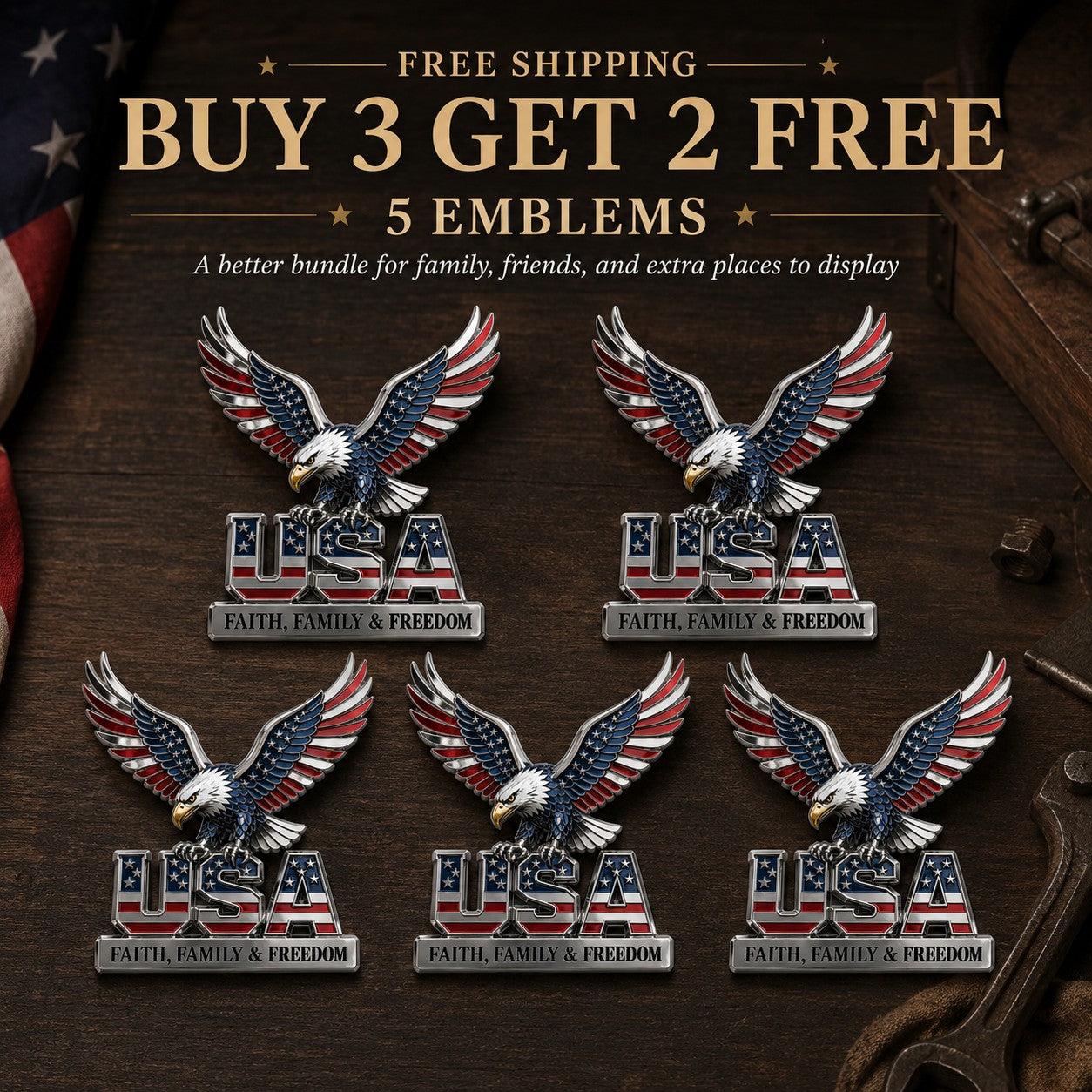 🇺🇸250th Anniversary - USA Faith. Family & Freedom. Metal Emblem