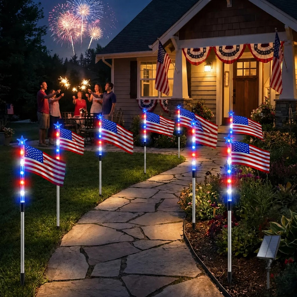 8 Solar American Flag Pathway Lights – Red. White & Blue Yard Glow for 250th Anniversary