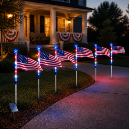 8 Solar American Flag Pathway Lights – Red. White & Blue Yard Glow for 250th Anniversary