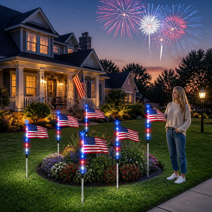 8 Solar American Flag Pathway Lights – Red. White & Blue Yard Glow for 250th Anniversary